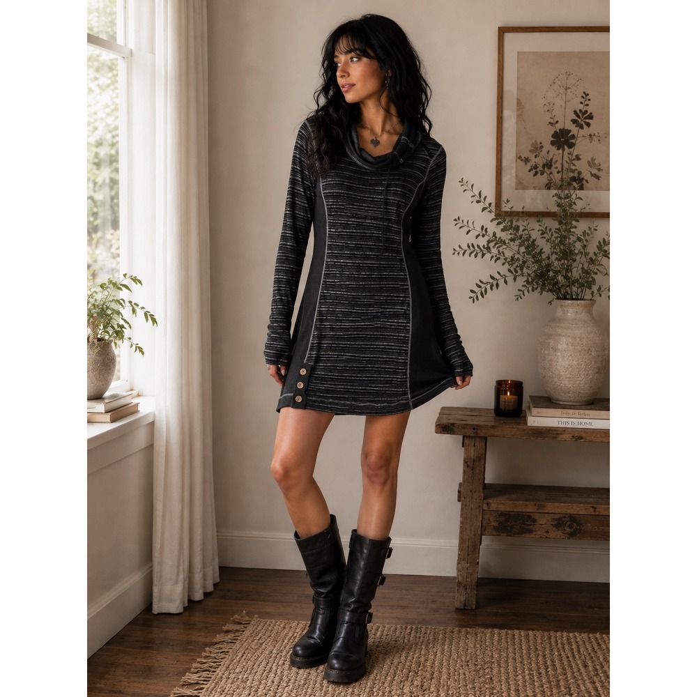 prAna Sweater Dress Womens M Gray Striped Cowl Neck Long Sleeve Knit Tunic